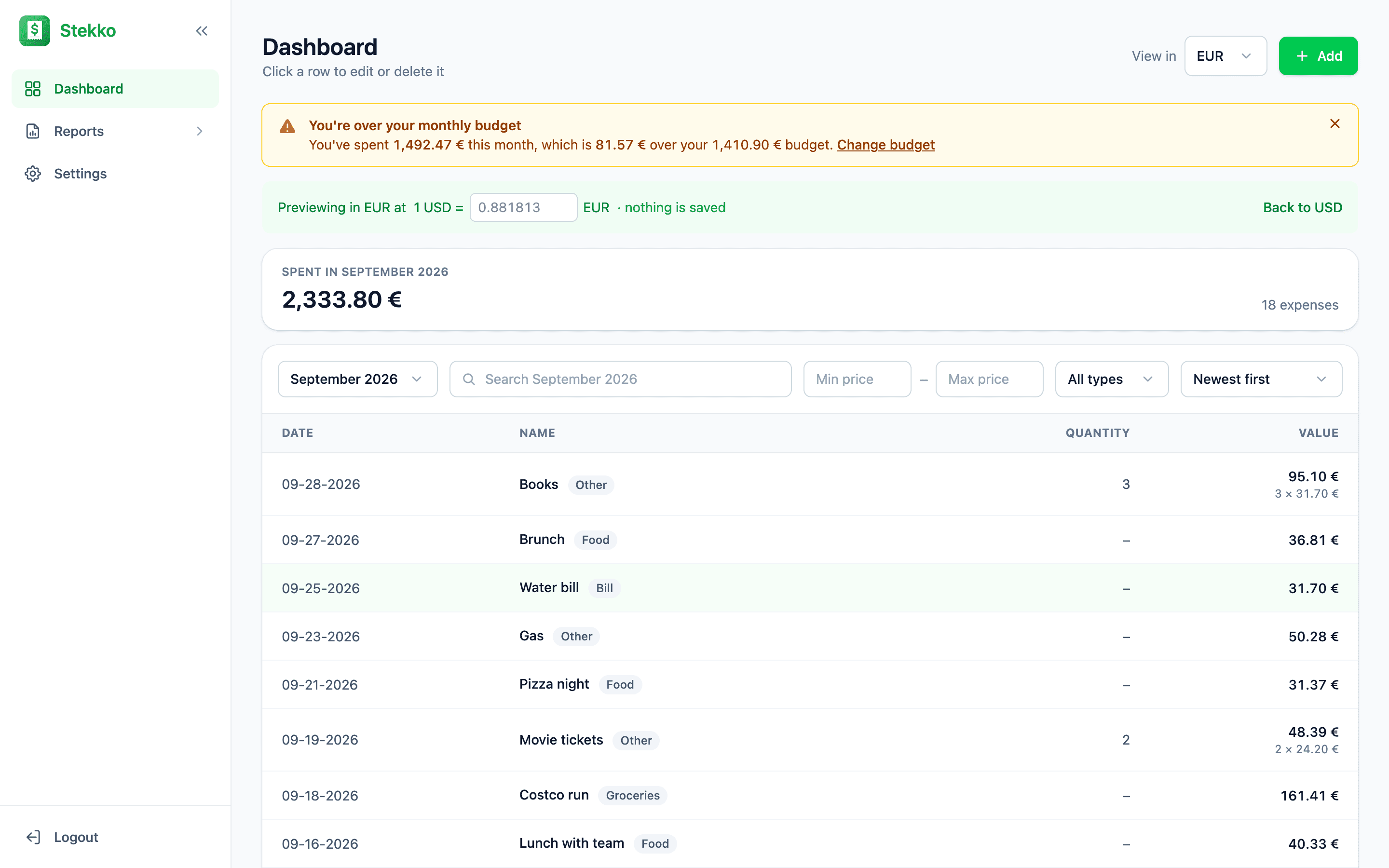 Stekko dashboard previewing amounts in euros